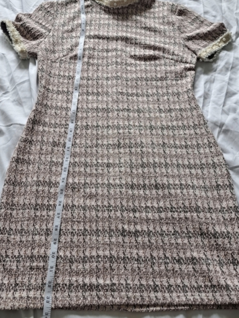 Pink Houndstooth Tweed Mini Dress Pearl Lace Trim Small - Picture 8 of 9